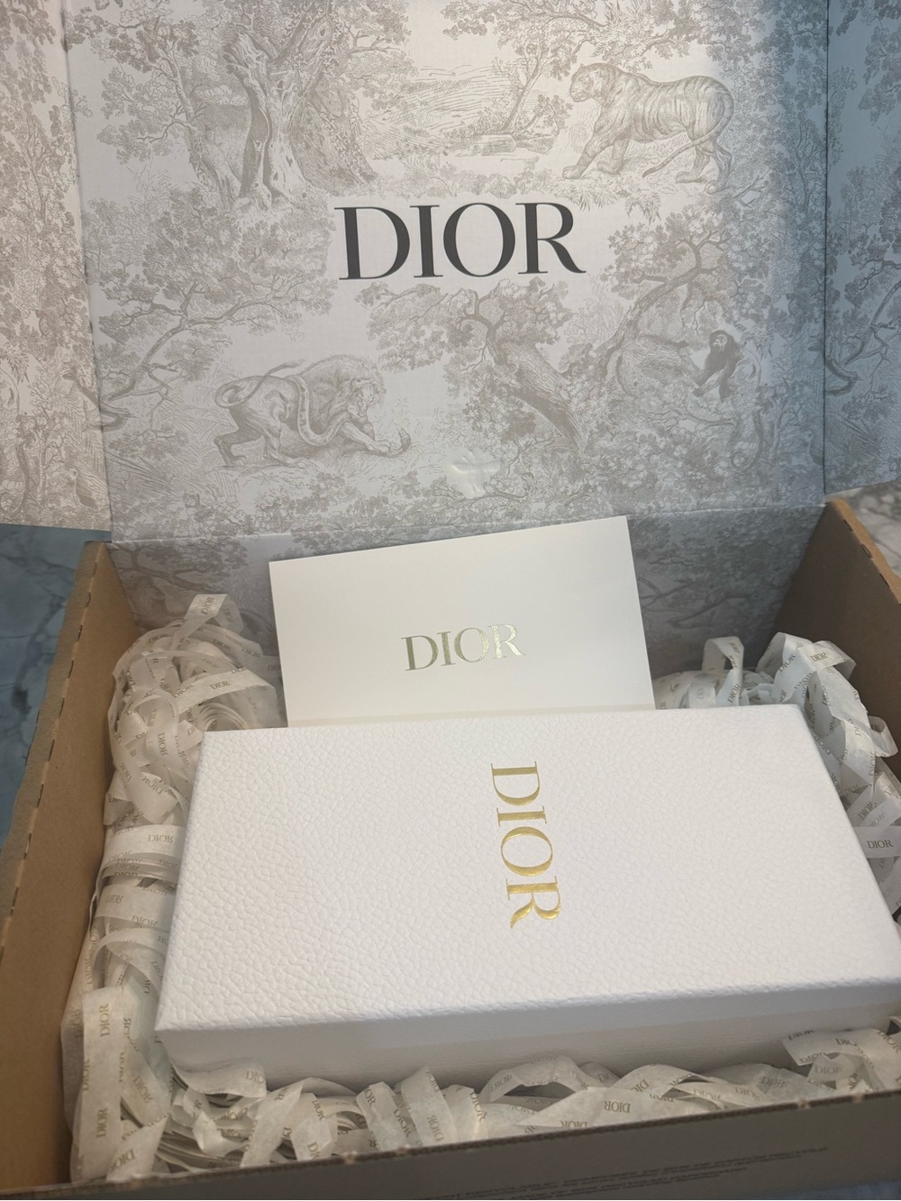 Dior Gift Box w shredded tissue, envelope and exterior box